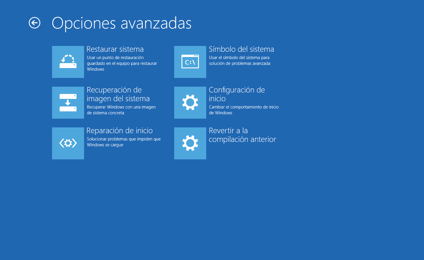 Menu Opciones Avanzadas en Windows 10